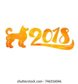 Happy New 2018 Year Lettering With Dog. Winter holiday illustration. Xmas Design Label Elements for invitation, greeting card and title, sticker, emblem, print, magnet. Vector