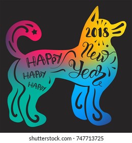 Happy New 2018 Year Lettering With Dog. Winter holiday illustration. Xmas Design Label Elements for invitation, greeting card and title, sticker, emblem, print, magnet. Vector