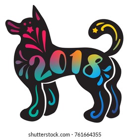 Happy New 2018 Year Lettering With Dog. Winter holiday illustration. Xmas Design Label Elements for invitation, greeting card and title, sticker, emblem, print, magnet. Vector