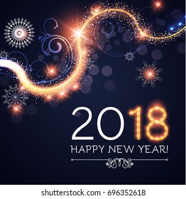 Happy New 2018 Year. Lights, snowflakes and swirl background. Vector illustration