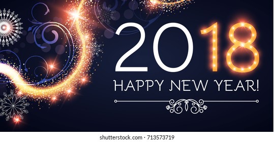 Happy New 2018 Year. Lights, snowflakes and swirl background. Vector illustration