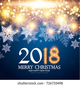 ¡Feliz Año Nuevo 2018! Fondo de iluminación con efecto Bokeh, Nieve y fuegos artificiales. Ilustración del vector