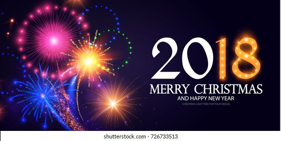 Happy New 2018 Year! Lights Background with Bokeh Effect and Fireworks. Vector illustration