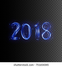 Happy New 2018 Year. Neon sign. Vector transparent glow light effect
