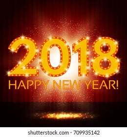 Happy New 2018 Year on red curtain. Vector illustration
