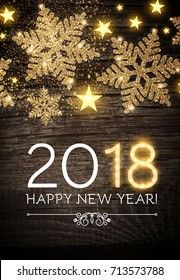 Happy New 2018 Year Poster Template with Shining Gold Snowflakes and Star on Wood Texture. Vector illustration