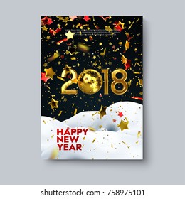 Happy New 2018 Year poster template. Holiday vector illustration. Festive decoration with glowing golden numbers, shimmering discoball, confetti particles, stars and snow. Party invitation design
