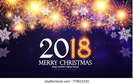 Happy New 2018 Year Poster and Flyer Template. Lights, Snowflakes and Fireworks Design.