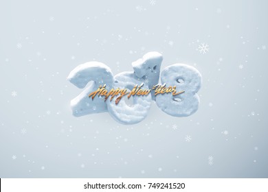 Happy New 2018 Year. Realistic snowy 2018 numbers with golden lettering and snowflakes. Vector 3d illustration. Holiday textured sign. Snow shape. Festive ornament for design.