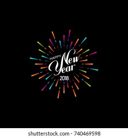 Happy New 2018 Year. Retro label with multicolored burst or light rays. Vector holiday illustration. Festive firework or confetti explosion. Vintage sign. Decoration element for design