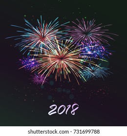 Happy New 2018 Year. Seasons greetings, colorful fireworks design. Vector illustration