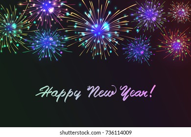 Happy New 2018 Year. Seasons greetings, colorful fireworks design. Vector illustration