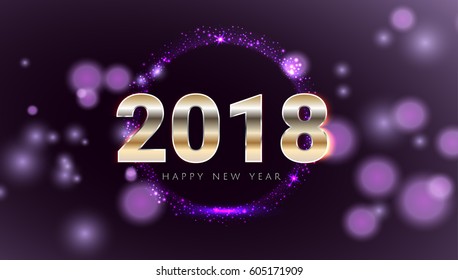 Happy New 2018 Year shiny glowing purple and gold greeting card. Modern night style design Vector illustration. Wallpaper.