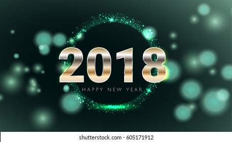 Happy New 2018 Year shiny glowing green and gold greeting card. Modern design Vector illustration. Wallpaper.