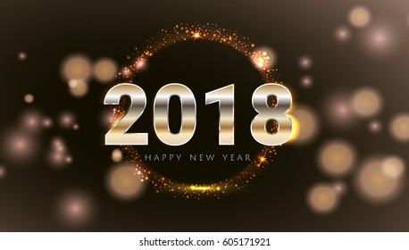 Happy New 2018 Year shiny glowing sparkle gold greeting card. Modern night style design Vector illustration. Wallpaper.