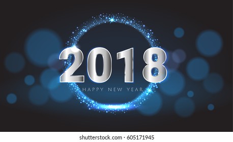 Happy New 2018 Year shiny glowing blue and silver greeting card. Vector illustration. Wallpaper.