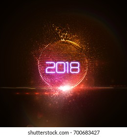 Happy New 2018 Year. Vector holiday illustration of glowing neon 2018 sign with shiny abstract distorted sphere and optical light effect with particles