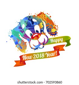 Happy NEW 2018 Year vector congratulation card. Dog of splash paint
