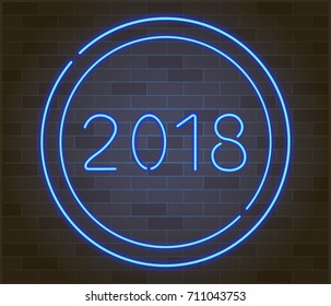 Happy New 2018 Year. Vector holiday illustration of glowing neon 2018 sign