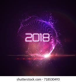 Happy New 2018 Year. Vector holiday illustration of glowing neon 2018 sign and shiny abstract luminous splash of particles and lens flare light effect. NYE party invitation design element