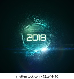 Happy New 2018 Year. Vector holiday illustration of glowing neon 2018 sign with shiny abstract sphere, luminous splashes and optical light effect with particles