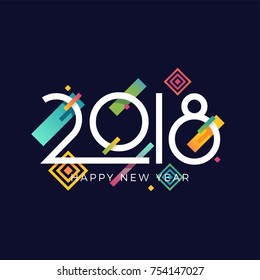 Happy New 2018 Year vector greeting card, poster, banner or flyer template in trendy minimalistic memphis style with colourful abstract geometric design elements 