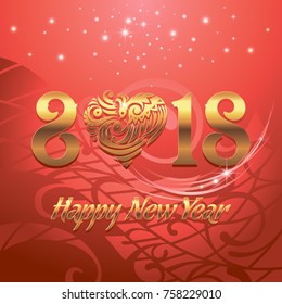  Happy New 2018 Year. Vector greeting illustration with golden lettering and red background