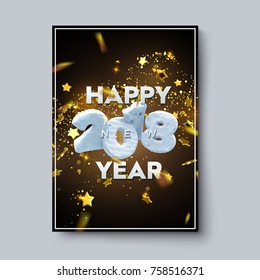 Happy New 2018 Year. Vector holiday poster or party invitation design. Snowy 2018 numbers on bursting golden confetti background. Festive decoration with glittering tinsel