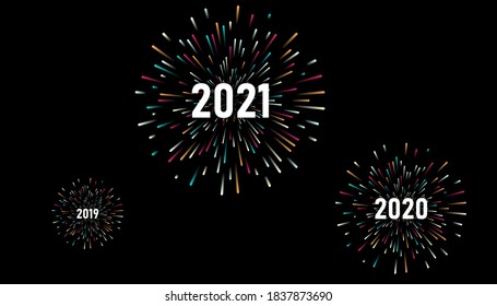 Happy New 2019, 2020 2021 Year. Holiday vector illustration with festive typographic composition. New Year 2019, 2020 2021 Label With Graphic Multicolored Firework Shape. Happy NYE Logo Design