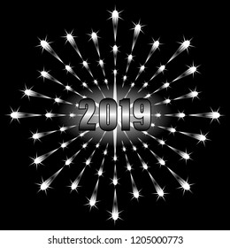 Happy New 2019. black-and-white Form of Fireworks. Vector Illustration