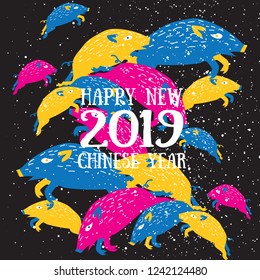 Happy New 2019 Chinese year of the boar. Vector illustrated flat simple holiday template with the pig and red chinese hieroglyph means pig. Decorative celebration template