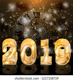Happy new 2019 golden year banner with xmas clock, vector illustration