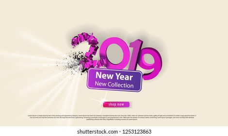 Happy new 2019. Pink lettering and exploding figure. Sale banner