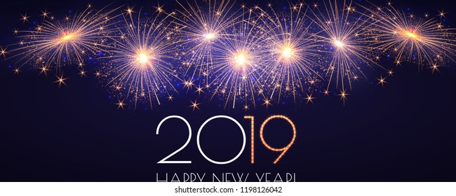 Happy New 2019 Year Background with Sparklers and Fireworks. Vectorillustration