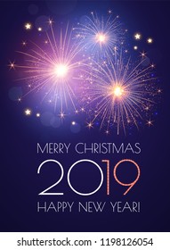 Happy New 2019 Year Background with Sparklers and Fireworks. Vectorillustration