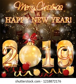 Happy new 2019  year background with xmas clock and golden ball, vector illustration