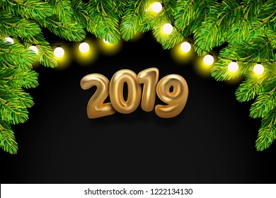 Happy New 2019 Year background. Golden metallic numbers, green fir tree branches and light bulb garland. Vector 3d design. Holiday poster or banner template