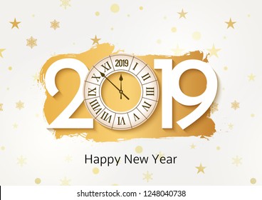 Happy New 2019 Year background. Christmas celebration card decoration with clock.