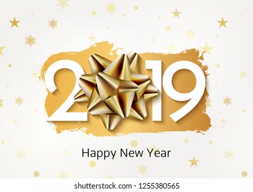 Happy New 2019 Year background gold bow. Christmas celebration card decoration.