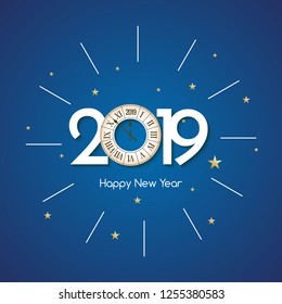 Happy New 2019 Year background. Christmas celebration card decoration with clock.