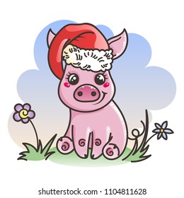 Happy New 2019 Year card with cartoon baby pig. Small vector symbol of holiday in santa hat on a grass.