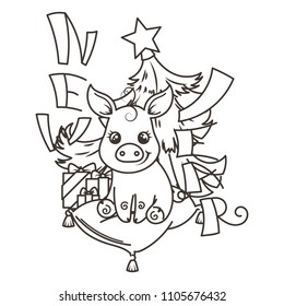 Happy New 2019 Year card with cartoon baby pig. Small vector symbol of holiday. Coloring page