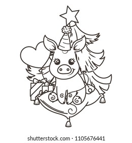 Happy New 2019 Year card with cartoon baby pig. Small vector symbol of holiday. Coloring page