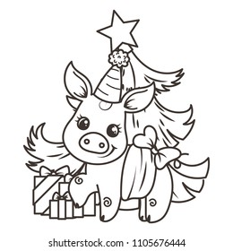 Happy New 2019 Year card with cartoon baby pig. Small vector symbol of holiday. Coloring page