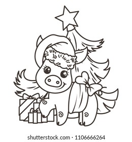 Happy New 2019 Year card with cartoon baby pig in santa hat. Small vector symbol of holiday. Coloring page
