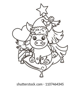 Happy New 2019 Year card with cartoon baby pig in santa hat. Small vector symbol of holiday. Coloring page