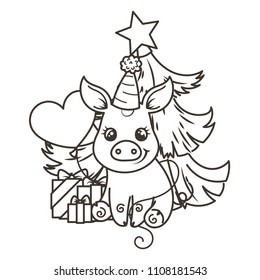Happy New 2019 Year card with cartoon baby pig. Small vector symbol of holiday. Coloring page
