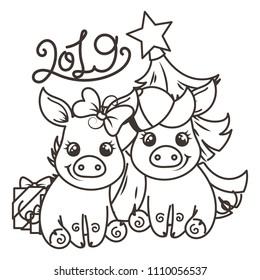 Happy New 2019 Year card with cartoon baby pig. Small vector symbol of holiday. Coloring page