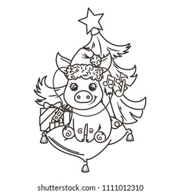 Happy New 2019 Year card with cartoon baby pig in santa hat. Small vector symbol of holiday. Coloring page