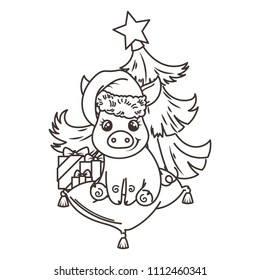 Happy New 2019 Year card with cartoon baby pig in santa hat. Small vector symbol of holiday. Coloring page